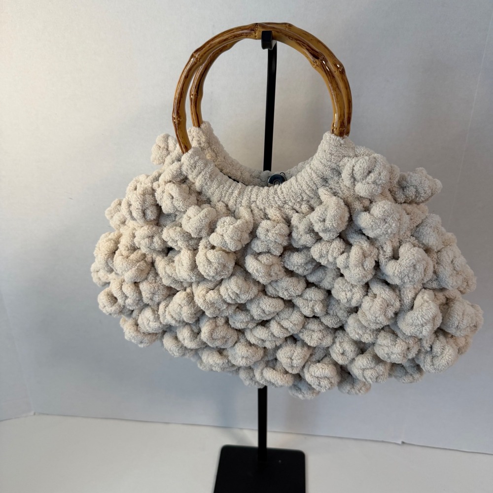 Handmade Crochet Popcorn Knit Bag OS Beige Bamboo Handle Leopard Print Boho